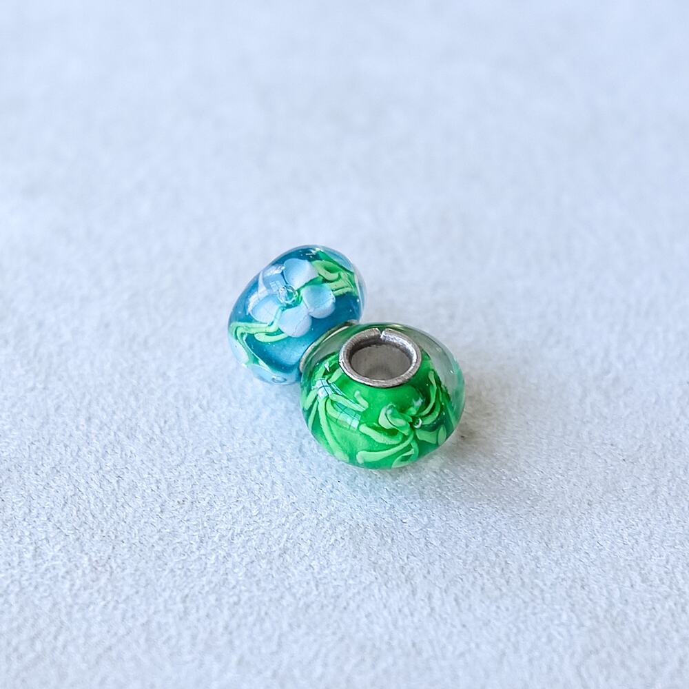 Two PC Murano Glass Spacer Bead Charms Green Blue Handmade Italian Glass Set
